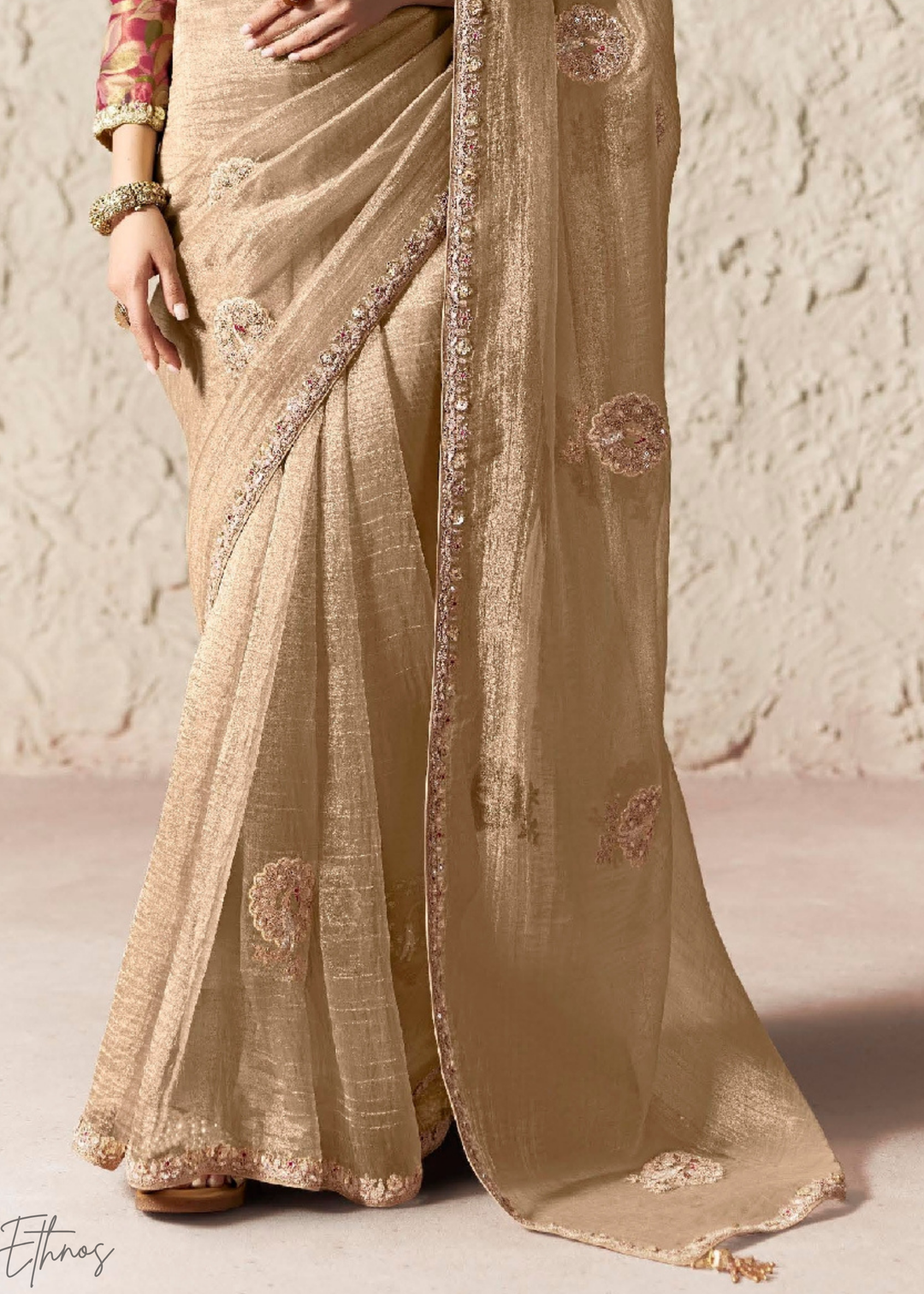 Champagne Beige Embroidered Glass Tissue Designer Saree