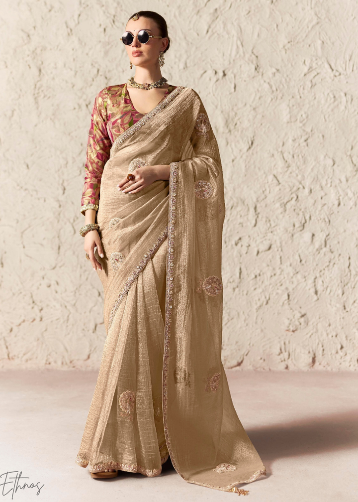 Champagne Beige Embroidered Glass Tissue Designer Saree