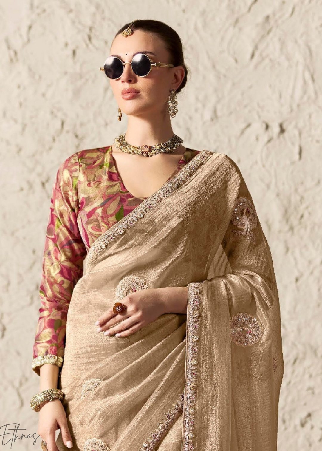 Champagne Beige Embroidered Glass Tissue Designer Saree