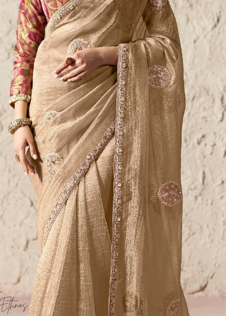 Champagne Beige Embroidered Glass Tissue Designer Saree