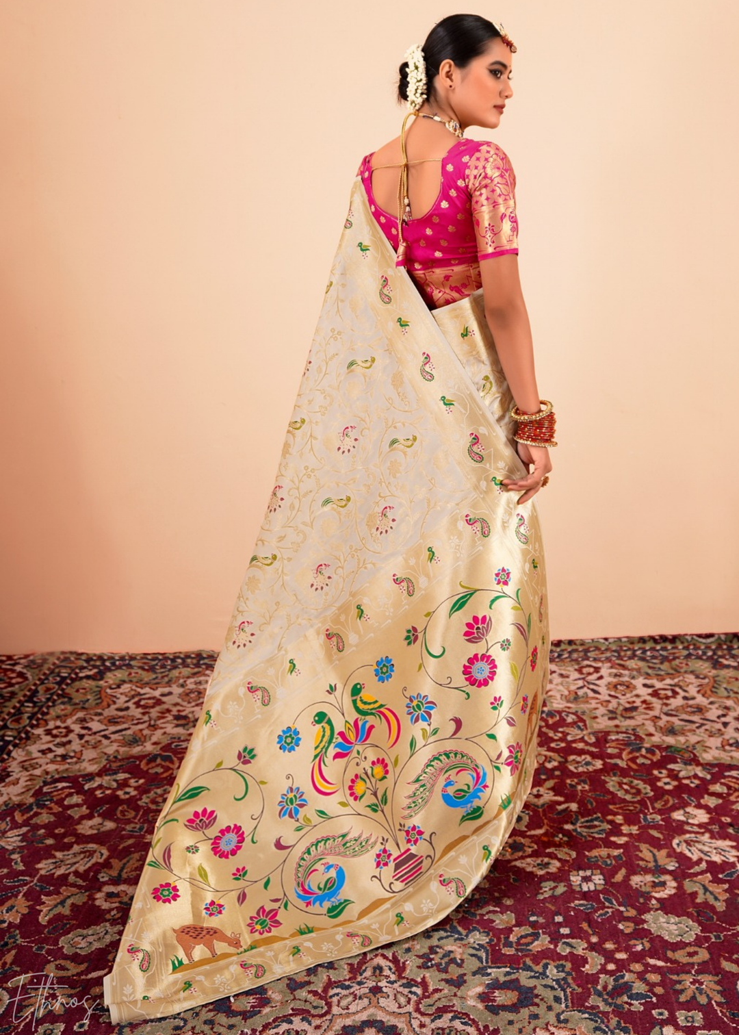 Champagne Cream Menagerie Paithani Silk Saree