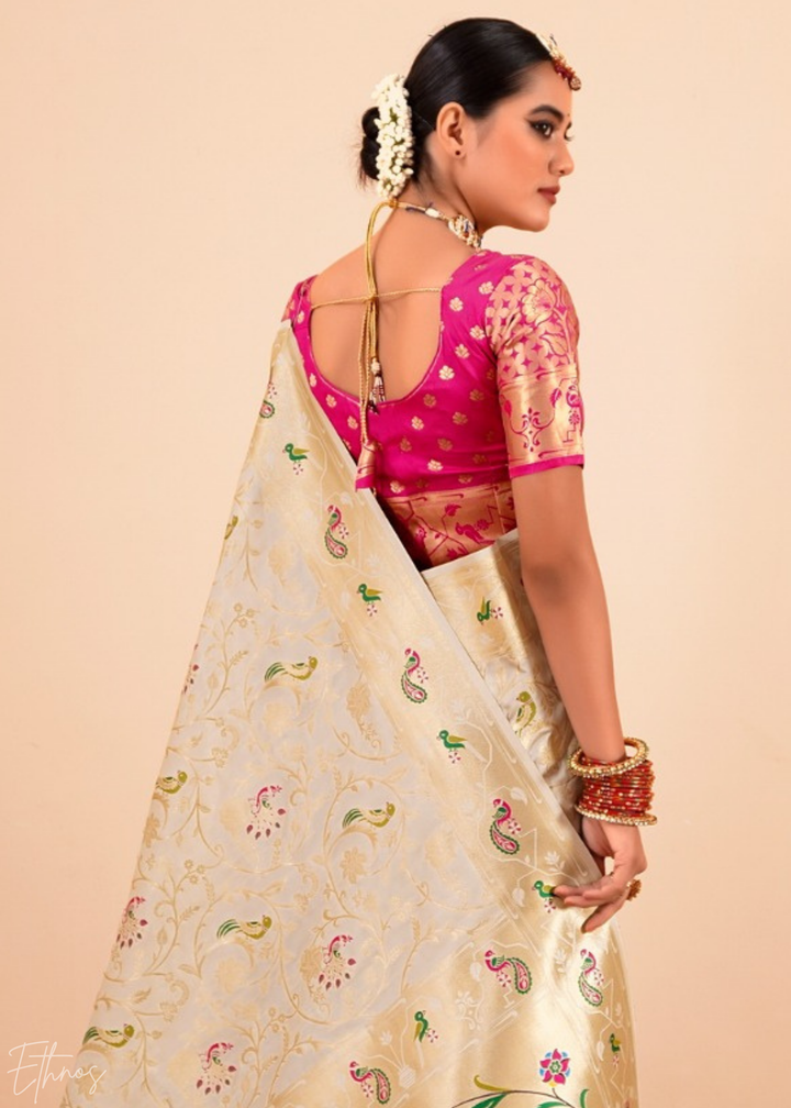 Champagne Cream Menagerie Paithani Silk Saree