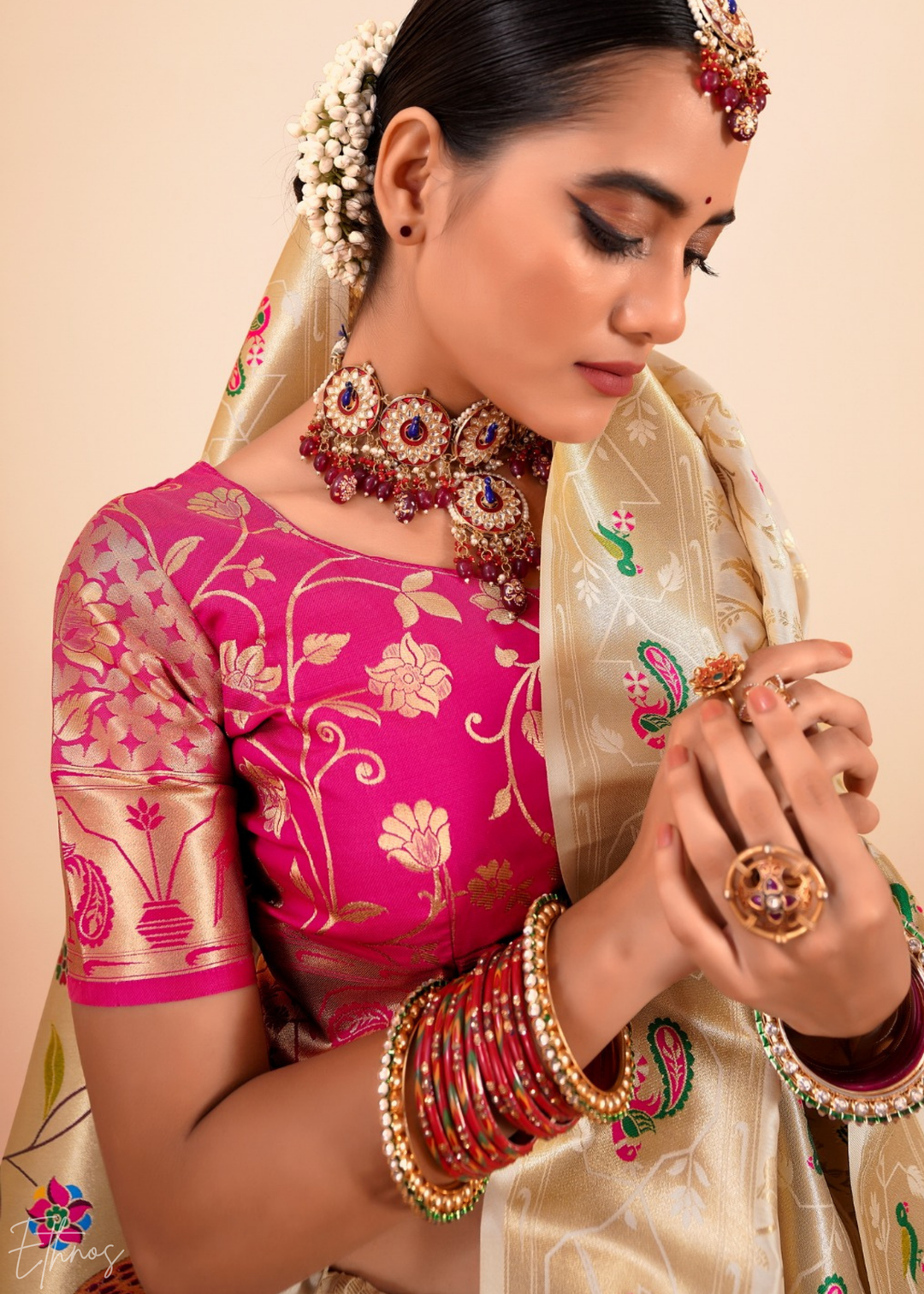 Champagne Cream Menagerie Paithani Silk Saree