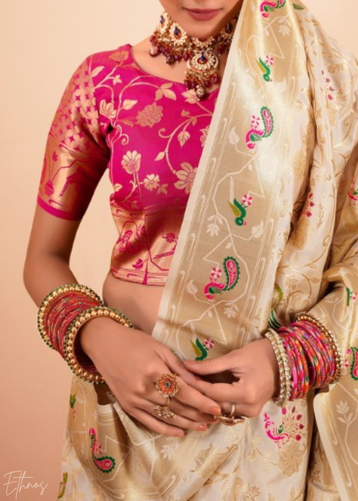 Champagne Cream Menagerie Paithani Silk Saree