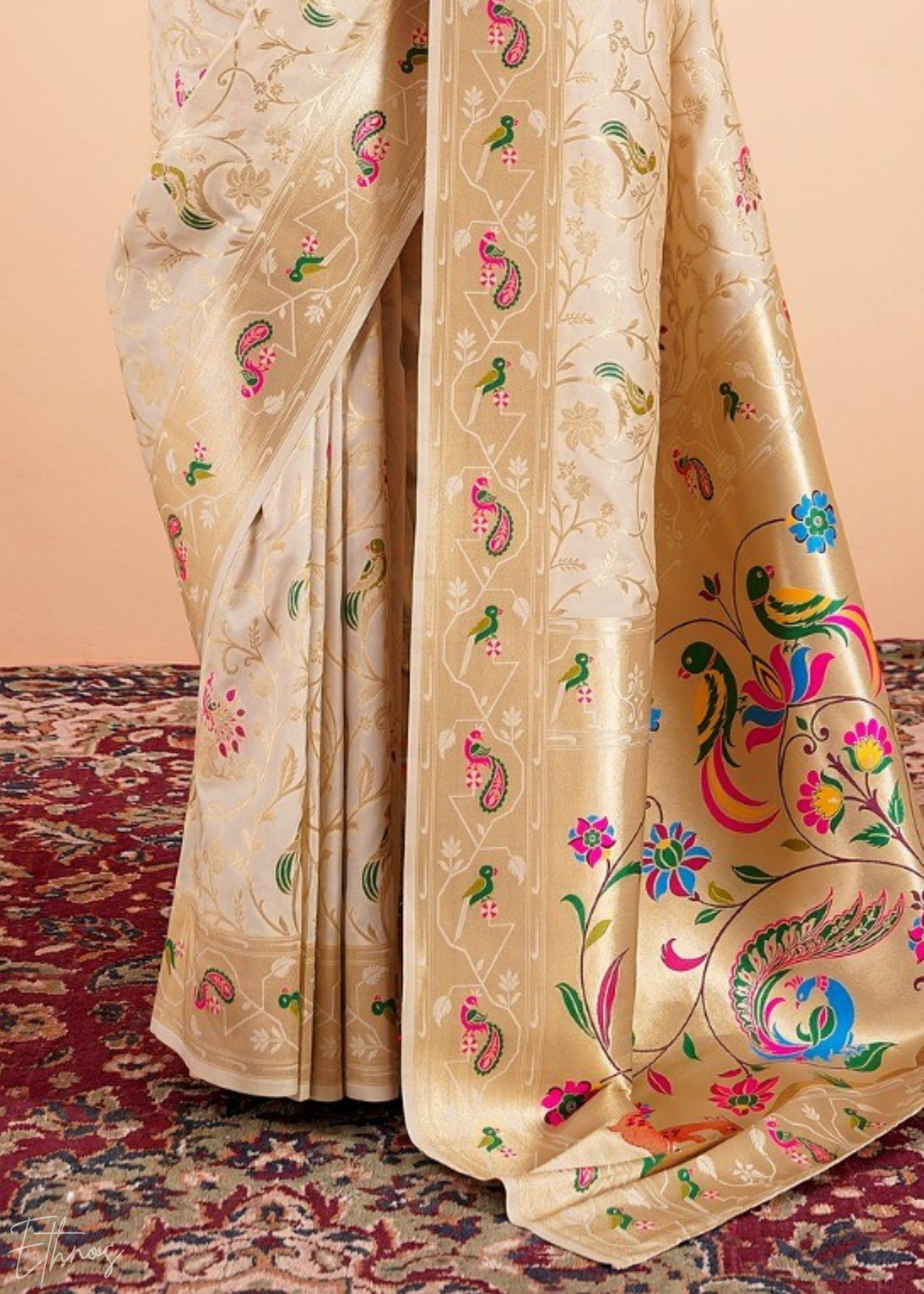 Champagne Cream Menagerie Paithani Silk Saree