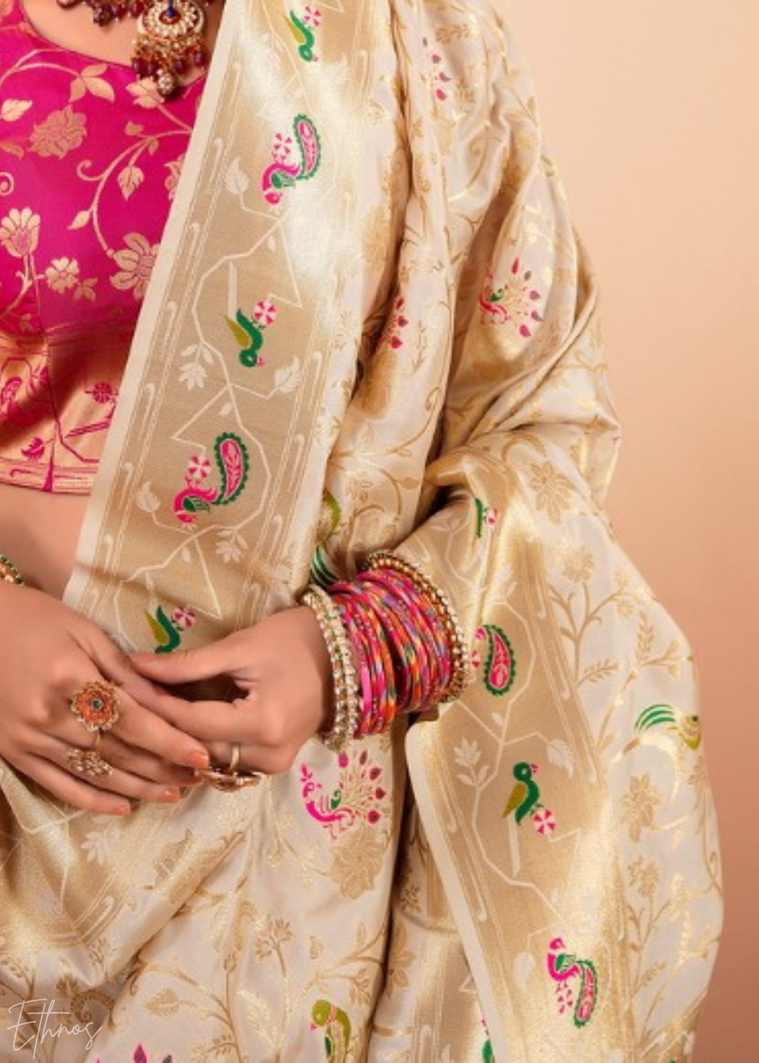Champagne Cream Menagerie Paithani Silk Saree