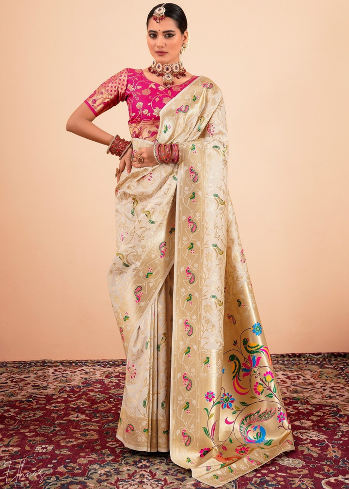 Champagne Cream Menagerie Paithani Silk Saree
