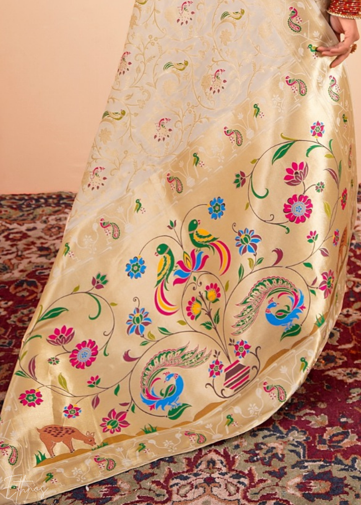 Champagne Cream Menagerie Paithani Silk Saree
