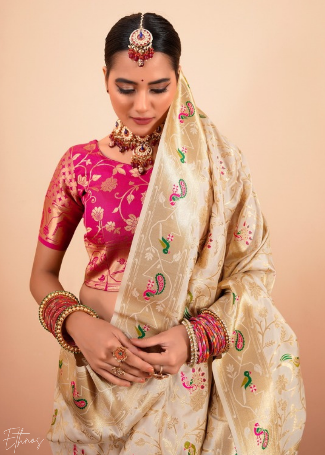 Champagne Cream Menagerie Paithani Silk Saree