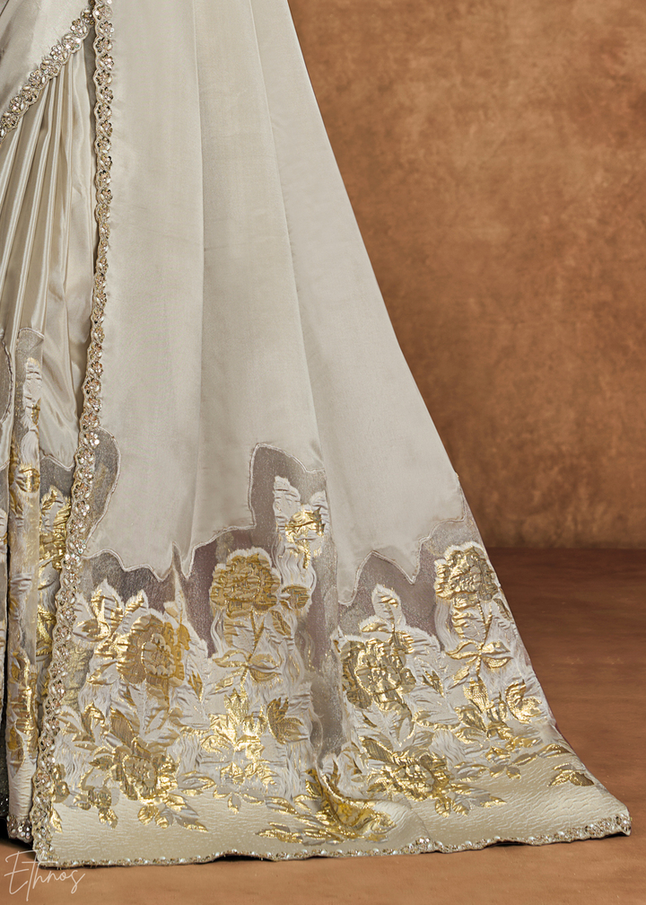 Champagne Cream Sequin Embroidered Organza Satin Saree