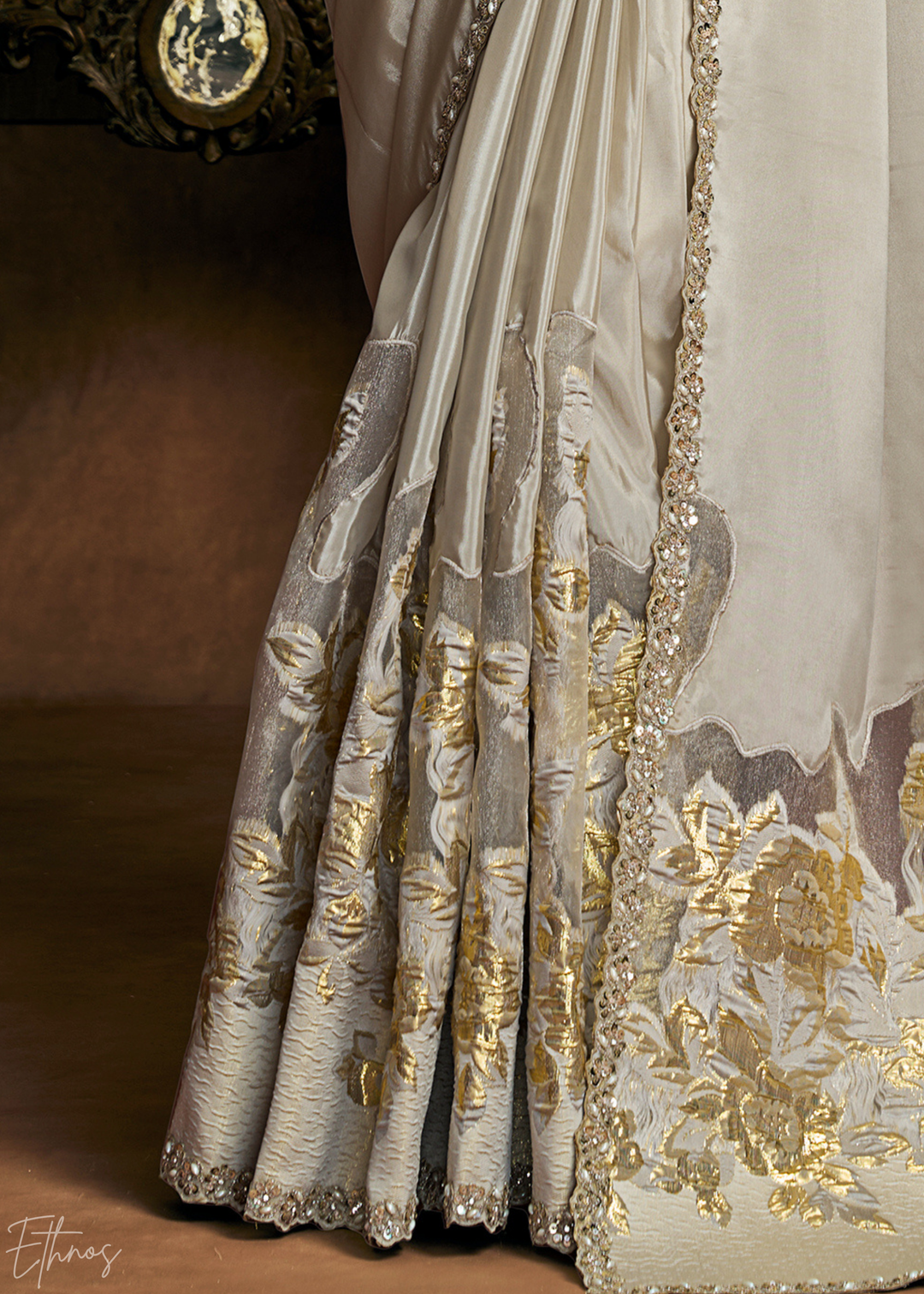 Champagne Cream Sequin Embroidered Organza Satin Saree