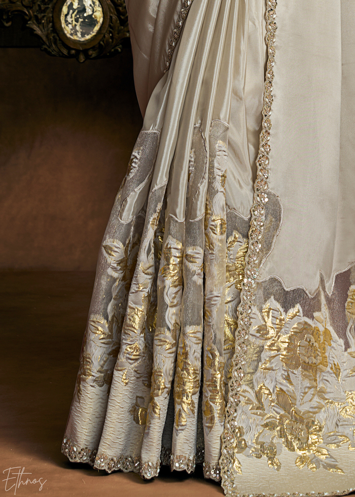 Champagne Cream Sequin Embroidered Organza Satin Saree