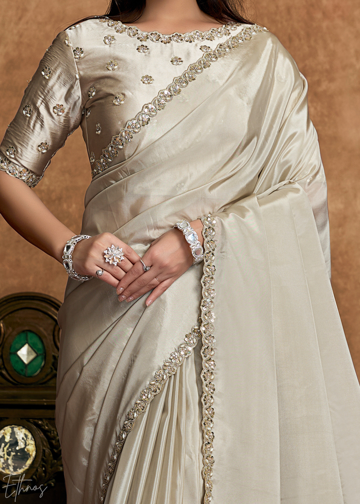 Champagne Cream Sequin Embroidered Organza Satin Saree