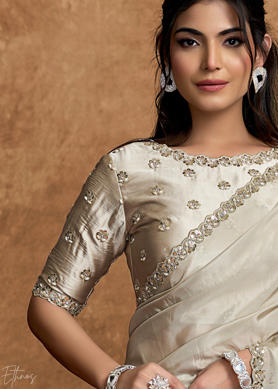 Champagne Cream Sequin Embroidered Organza Satin Saree