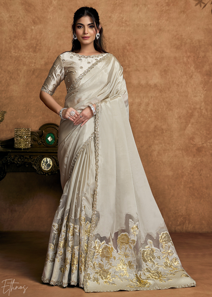 Champagne Cream Sequin Embroidered Organza Satin Saree