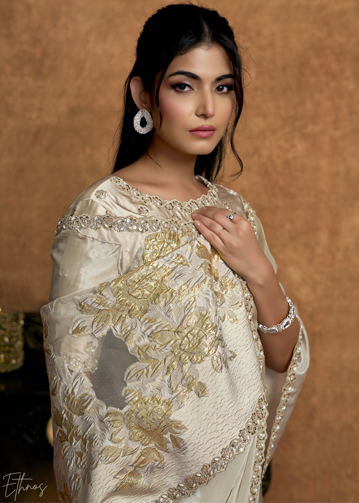 Champagne Cream Sequin Embroidered Organza Satin Saree