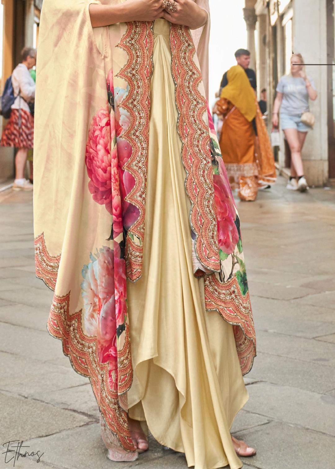 Champagne Crepe Floral Cape Cowl Skirt Set