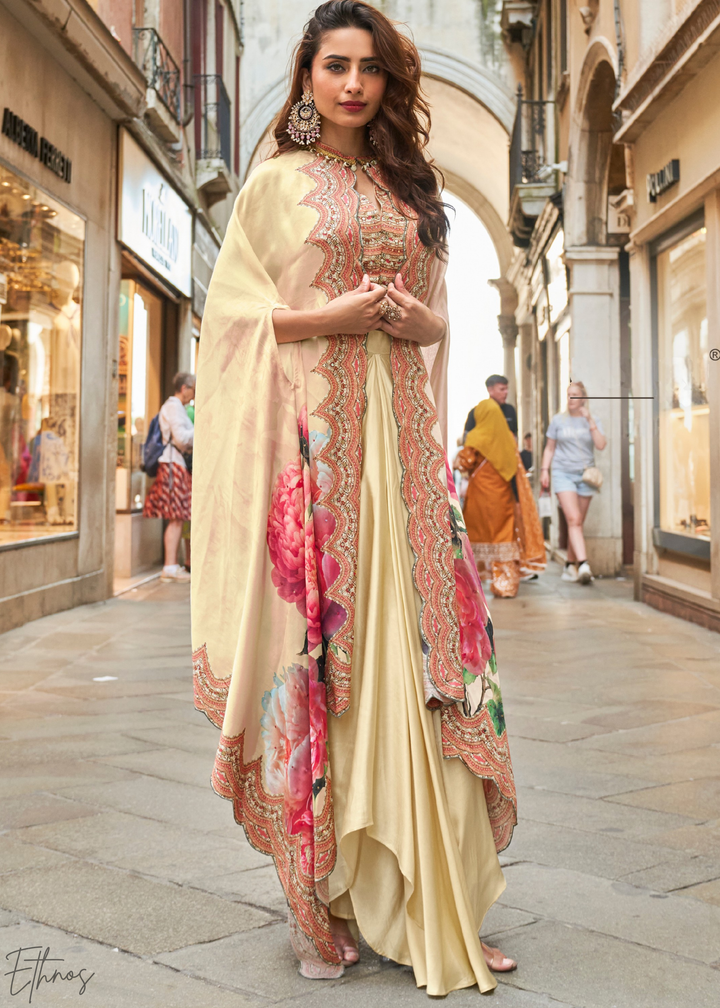 Champagne Crepe Floral Cape Cowl Skirt Set