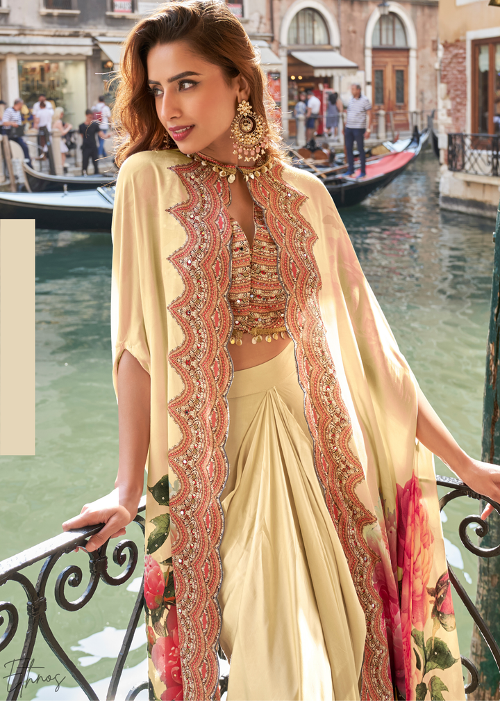 Champagne Crepe Floral Cape Cowl Skirt Set