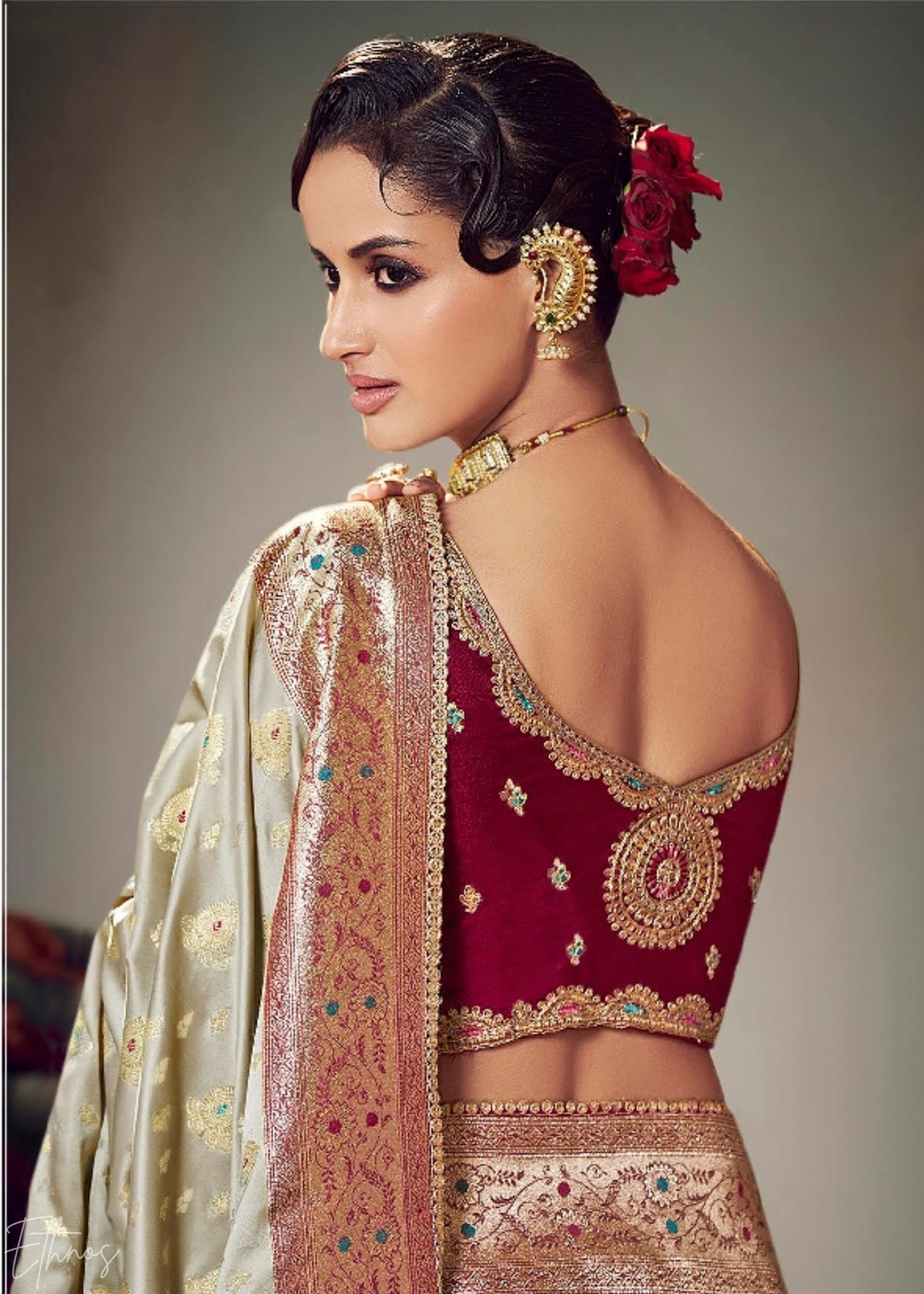 Champagne Gold Allover Floral Brocade Satin Silk Saree