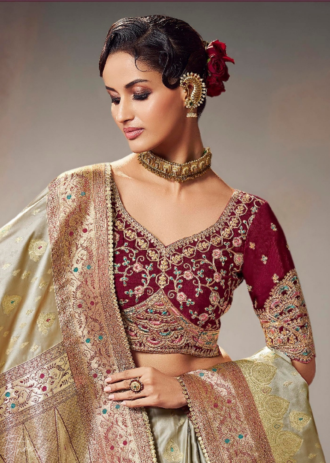 Champagne Gold Allover Floral Brocade Satin Silk Saree