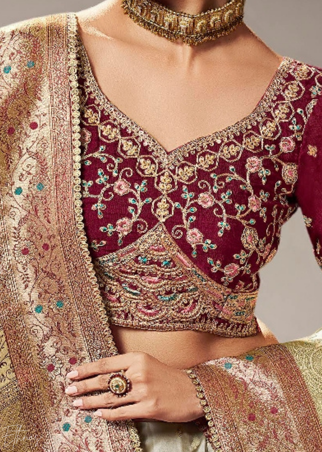 Champagne Gold Allover Floral Brocade Satin Silk Saree