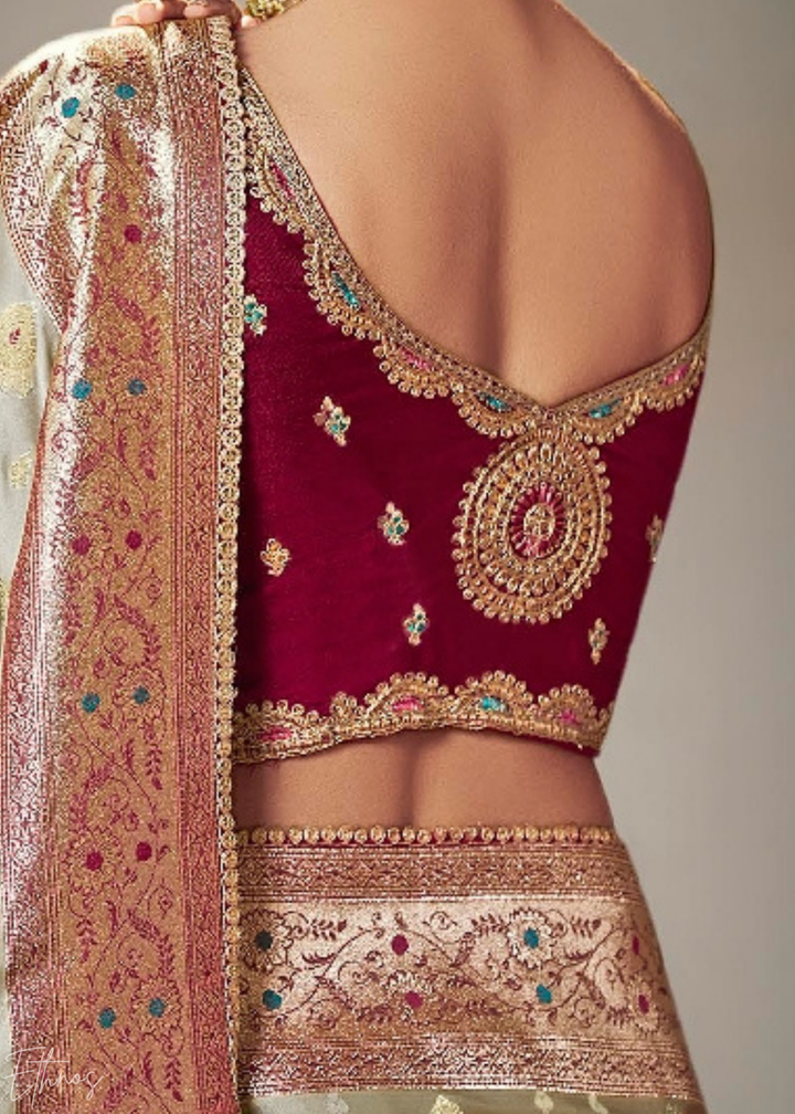 Champagne Gold Allover Floral Brocade Satin Silk Saree