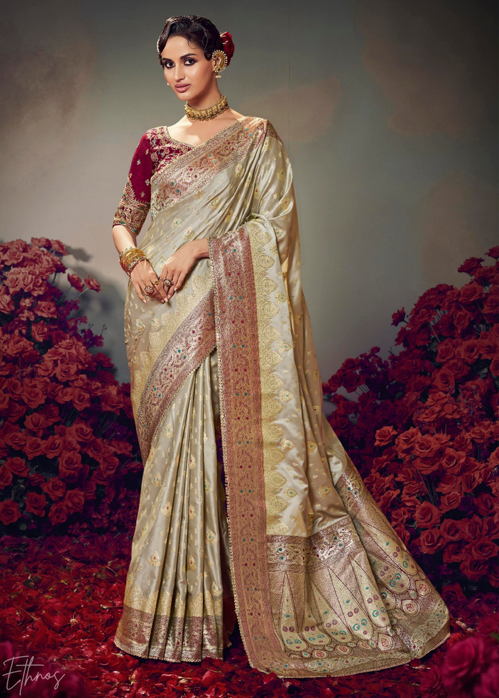 Champagne Gold Allover Floral Brocade Satin Silk Saree