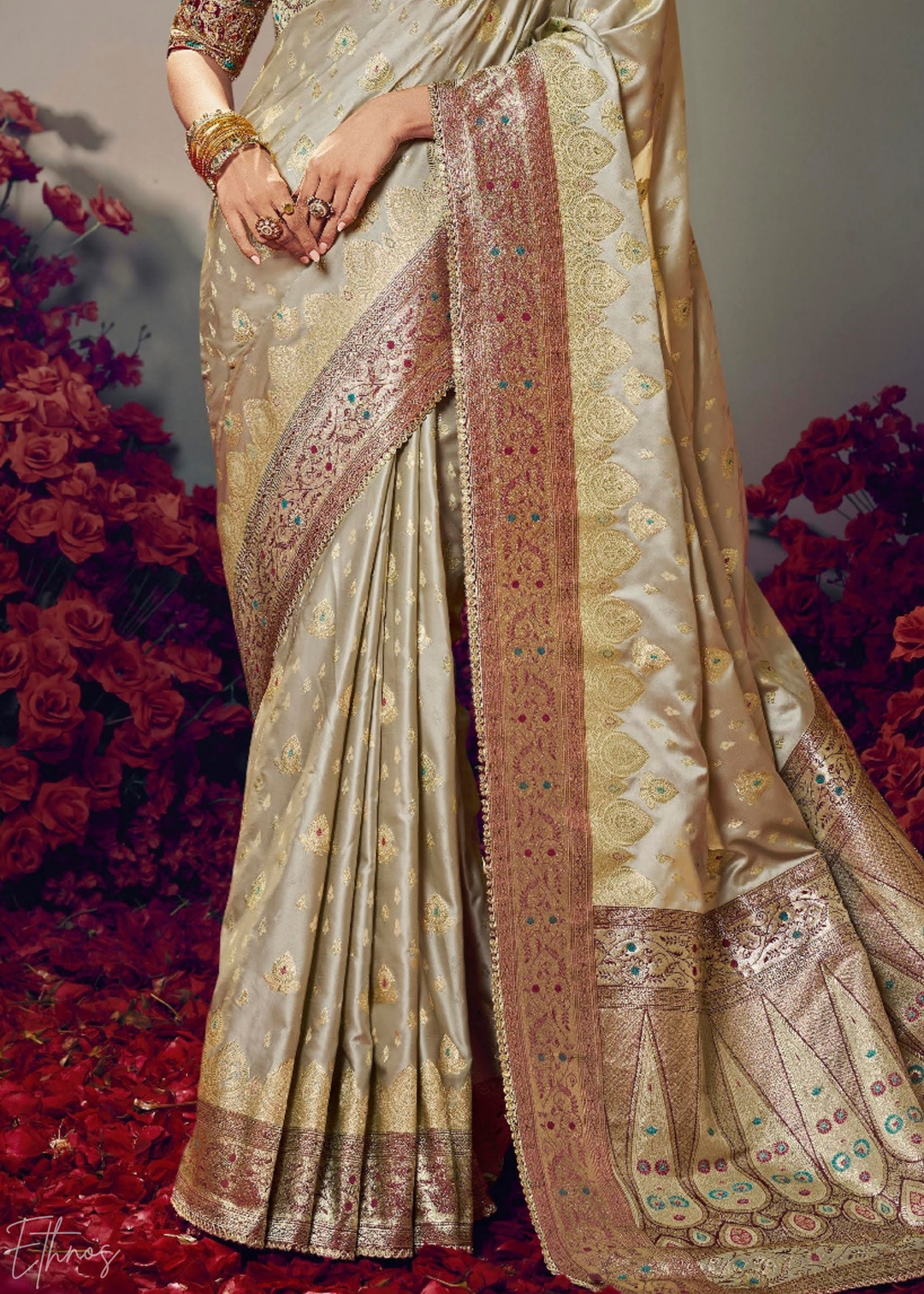 Champagne Gold Allover Floral Brocade Satin Silk Saree