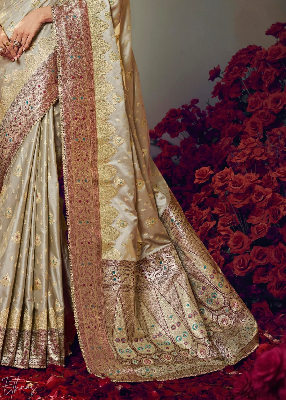 Champagne Gold Allover Floral Brocade Satin Silk Saree