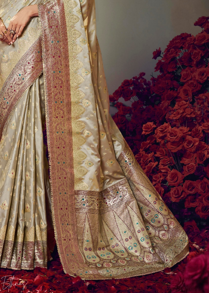Champagne Gold Allover Floral Brocade Satin Silk Saree
