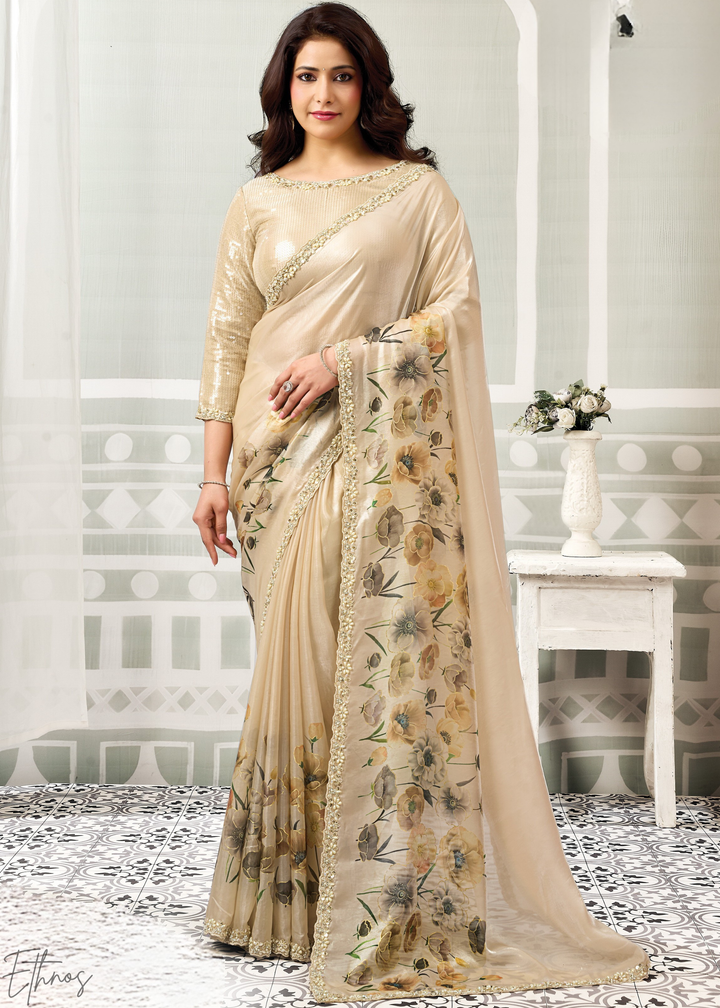 Champagne Gold Floral Print Satin Silk Saree