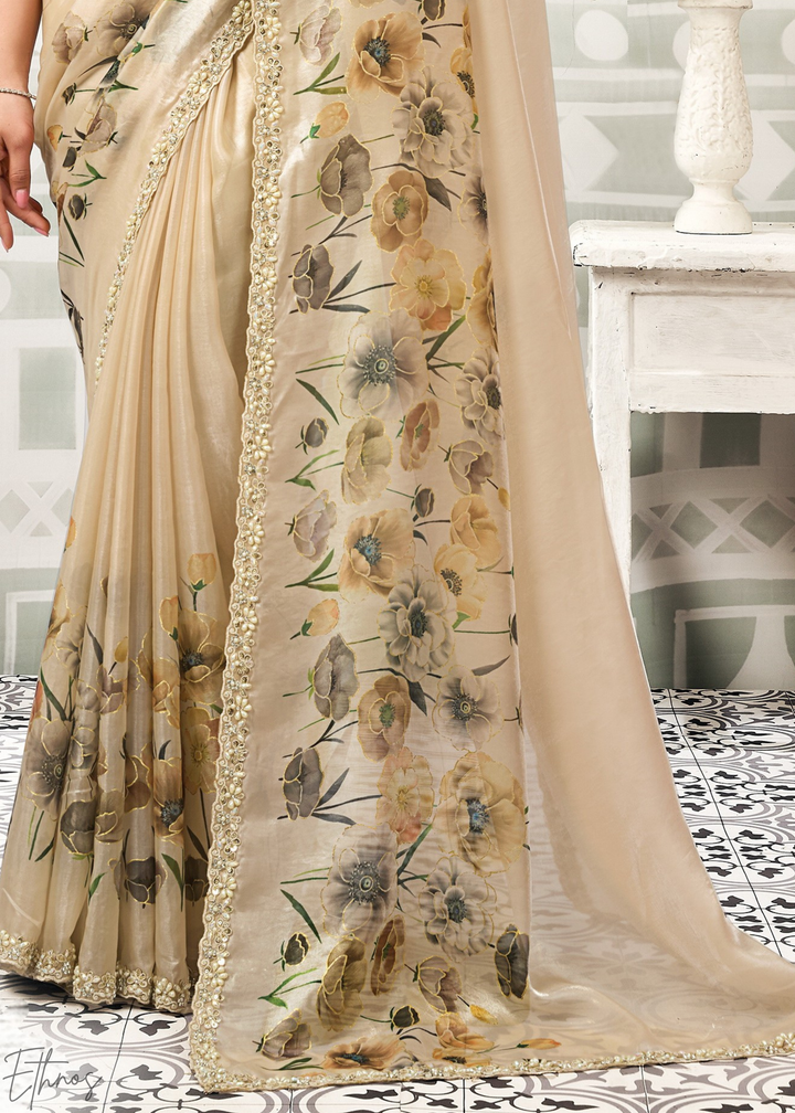 Champagne Gold Floral Print Satin Silk Saree