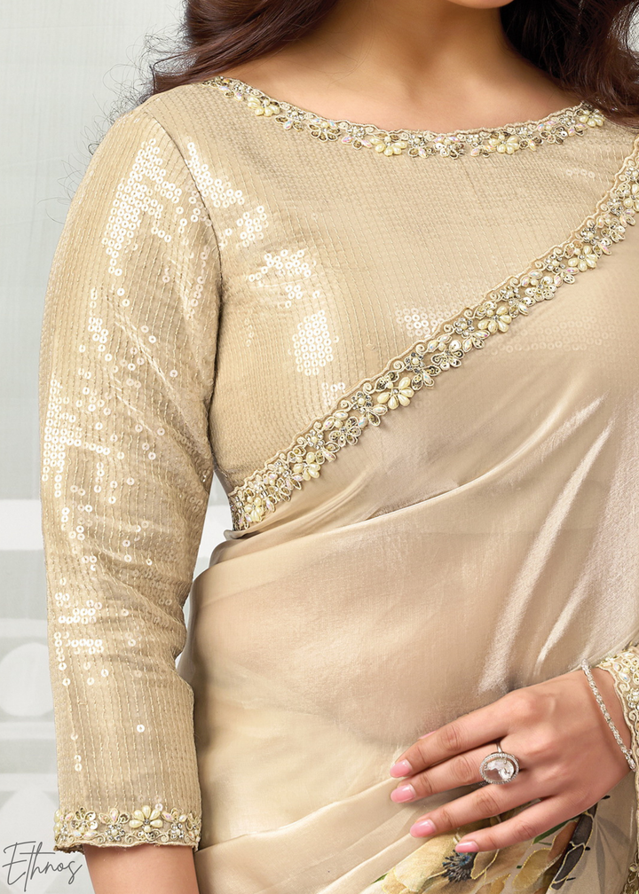Champagne Gold Floral Print Satin Silk Saree