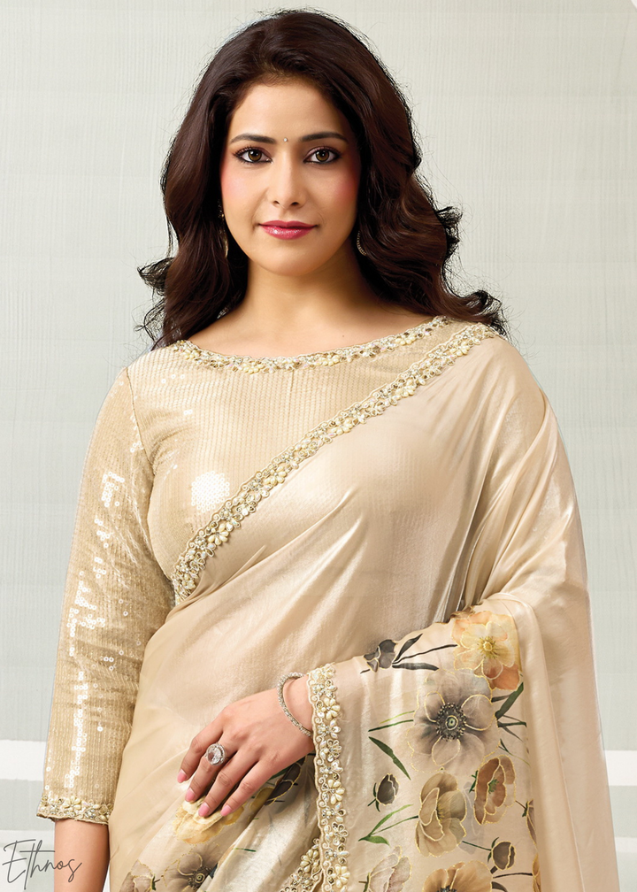Champagne Gold Floral Print Satin Silk Saree