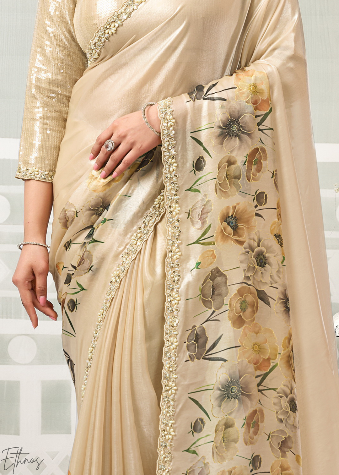 Champagne Gold Floral Print Satin Silk Saree