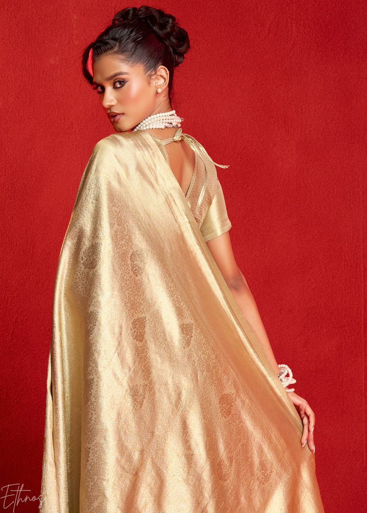 Champagne Gold Kanjeepuram Woven Zari Border Tissue Silk Saree