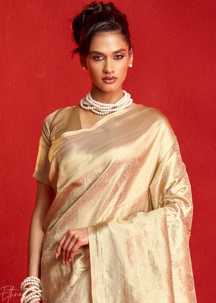 Champagne Gold Kanjeepuram Woven Zari Border Tissue Silk Saree