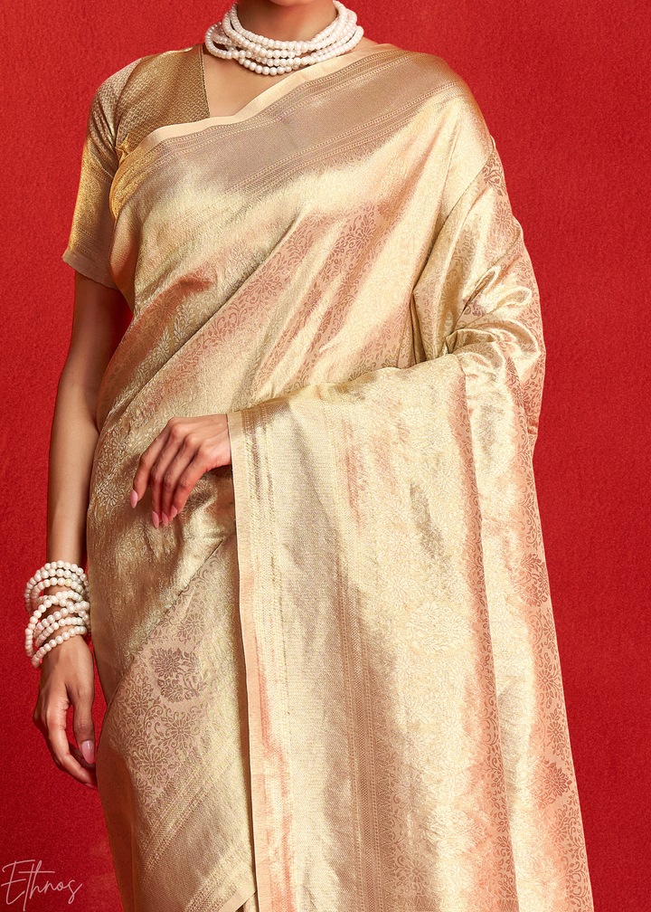 Champagne Gold Kanjeepuram Woven Zari Border Tissue Silk Saree
