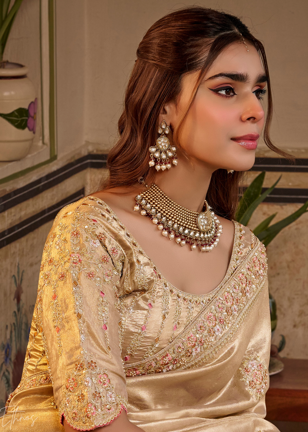Champagne Gold Minimalist Border Satin Silk Saree