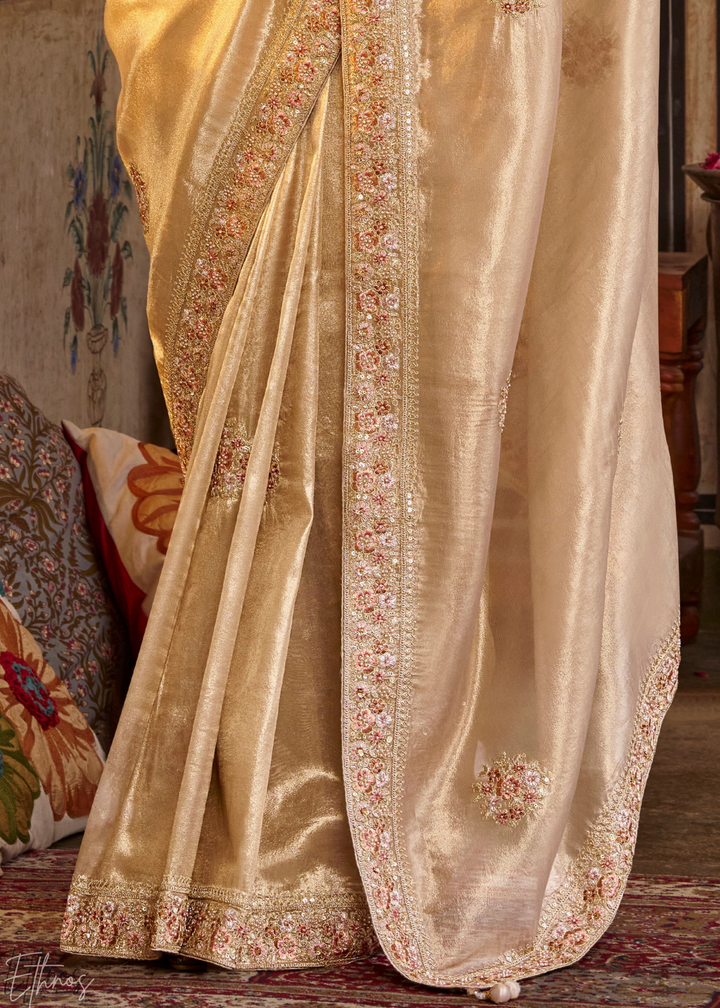 Champagne Gold Minimalist Border Satin Silk Saree