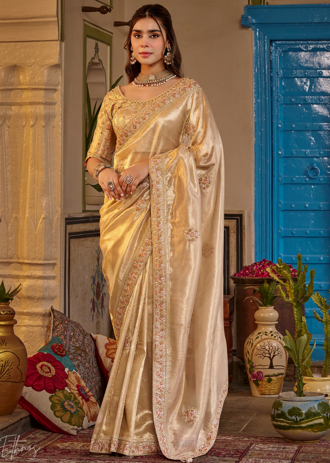 Champagne Gold Minimalist Border Satin Silk Saree