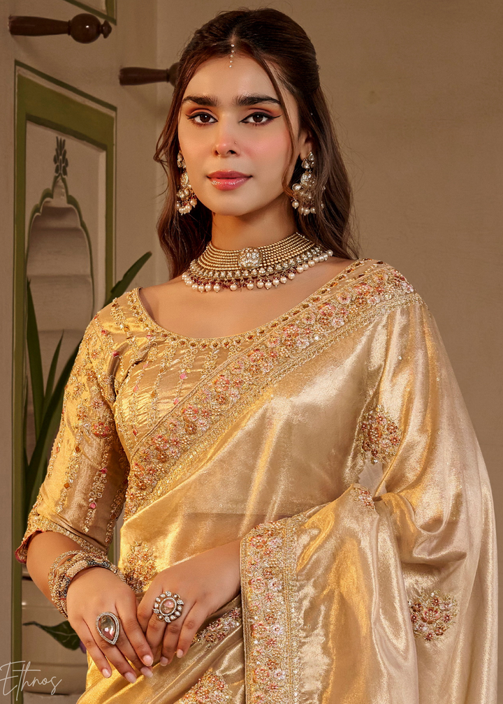 Champagne Gold Minimalist Border Satin Silk Saree