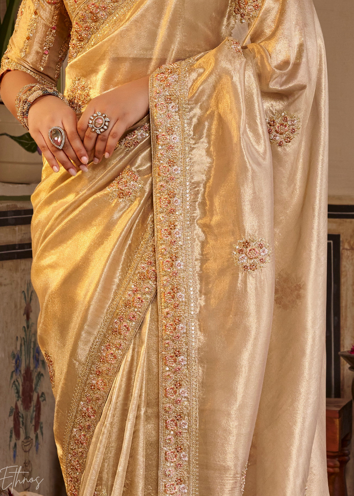 Champagne Gold Minimalist Border Satin Silk Saree