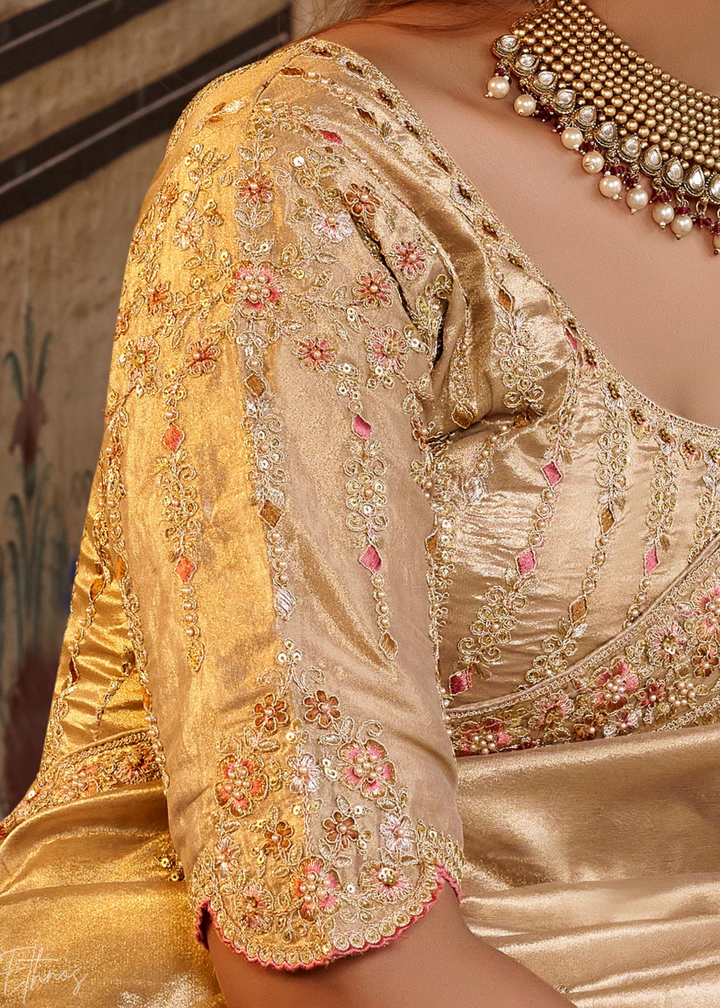Champagne Gold Minimalist Border Satin Silk Saree