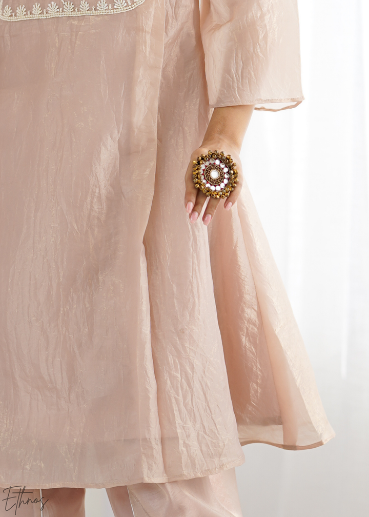 Champagne Pink Yoke-Embroidered Frock Kurti Dhoti Set
