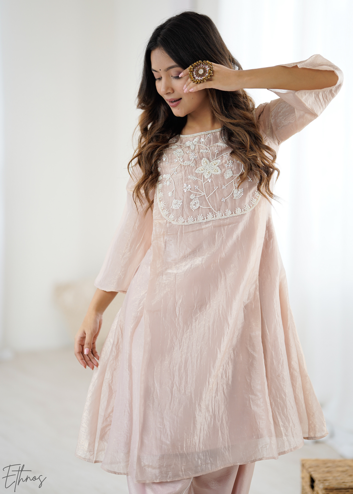 Champagne Pink Yoke-Embroidered Frock Kurti Dhoti Set