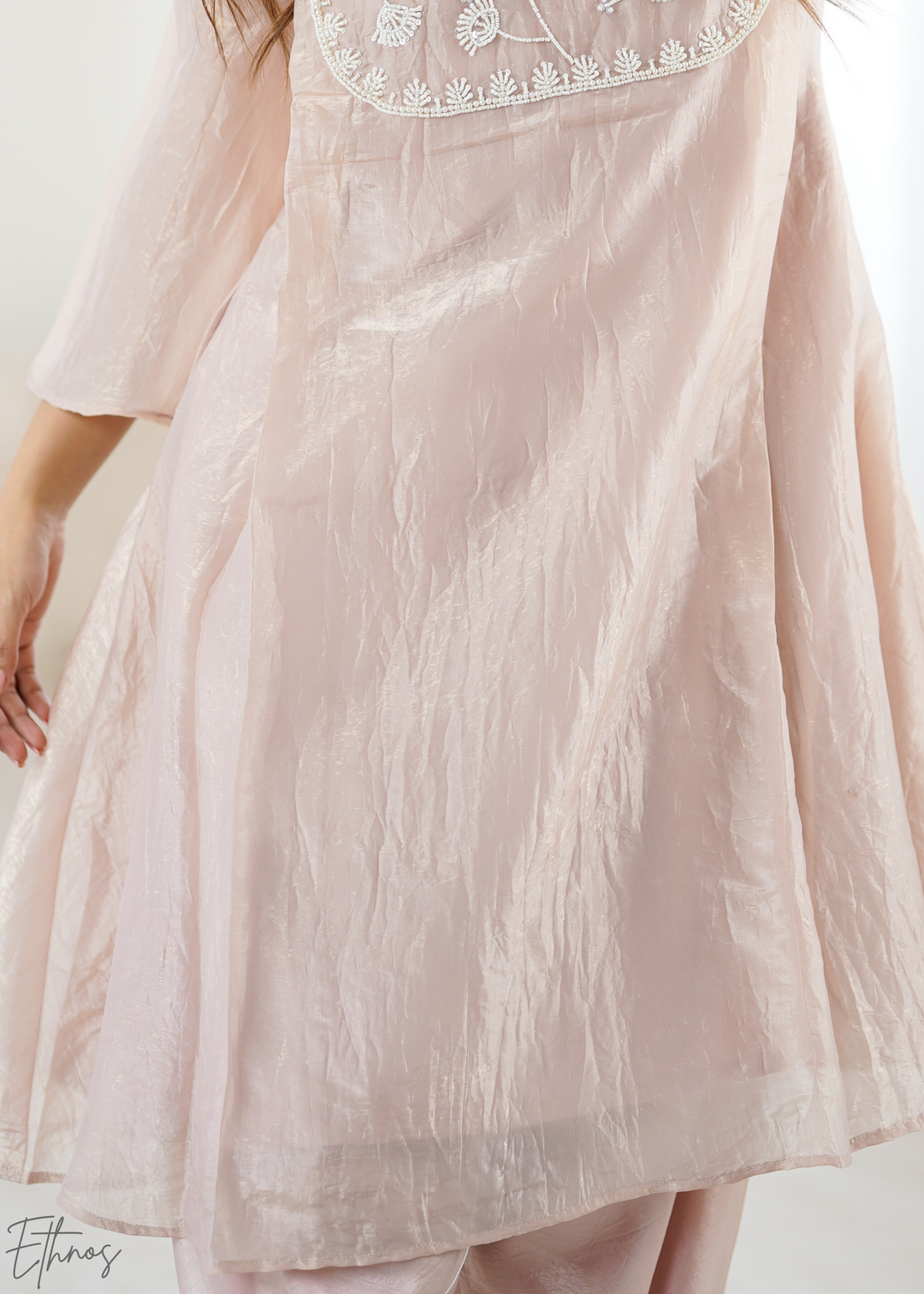 Champagne Pink Yoke-Embroidered Frock Kurti Dhoti Set