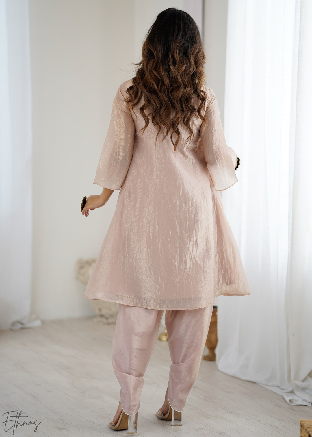 Champagne Pink Yoke-Embroidered Frock Kurti Dhoti Set