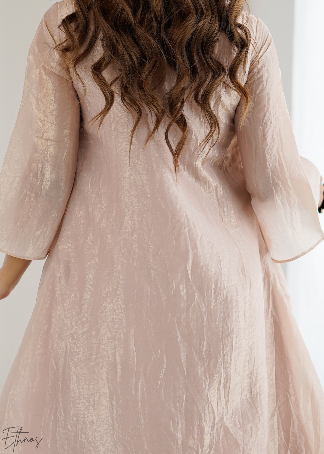 Champagne Pink Yoke-Embroidered Frock Kurti Dhoti Set